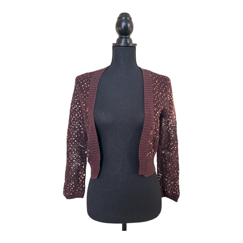 Y2K Brown Sequin Cropped Cardigan Shrug Open Knit Bolero Size M